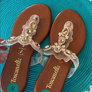 Brown and Gold Sandals with Crochet-Style Embellishment